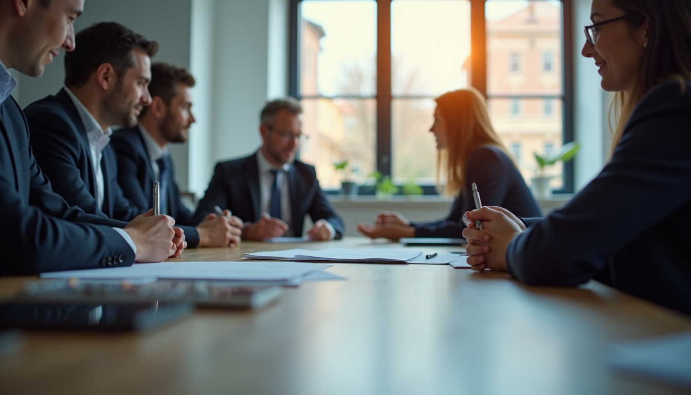 Eye-level view of a business meeting discussing startup investment strategies
