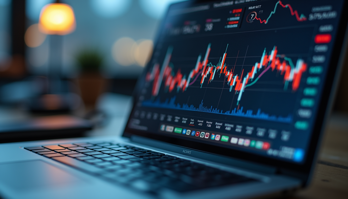 Eye-level view of a laptop screen showing financial data and charts