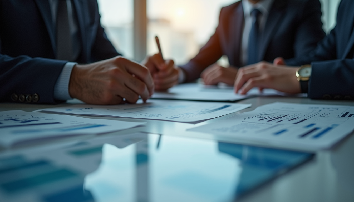 Close-up de uma reunião de investidores analisando gráficos e dados financeiros