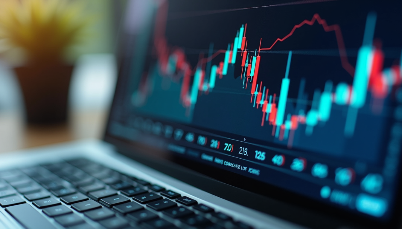 Close-up view of a laptop screen showing financial charts and graphs