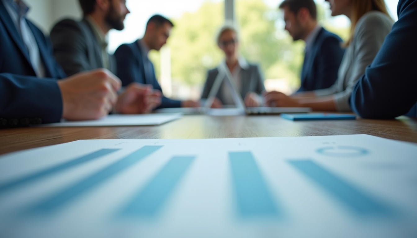 Eye-level view of a business meeting with charts and laptops on the table